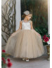 Beaded Straps Ivory Lace Champagne Tulle V Back Flower Girl Dress